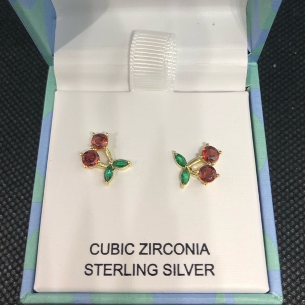 Beautiful cherry gold plated cubic zirconia ruby emerald gemstone earrings‎ new